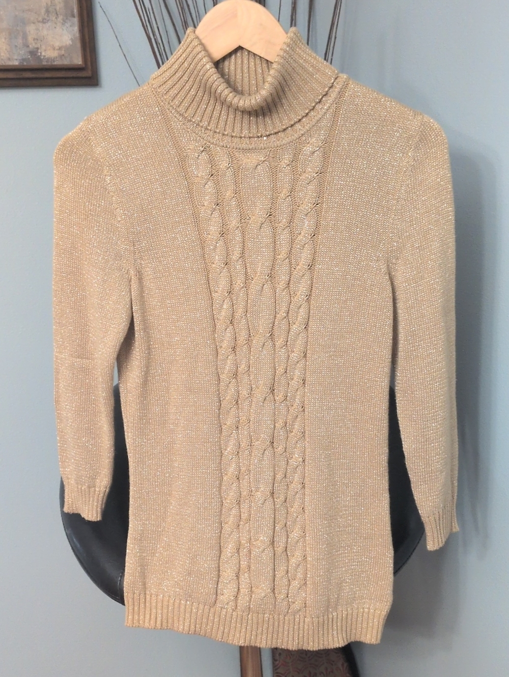 Evan Picone Gold Metallic Cable Turtleneck Sweater in Beige